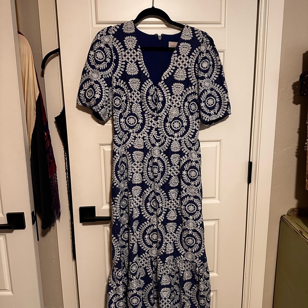 Adelyn Rae Blue and White embroidered dress with puff sleeves and ruffle details